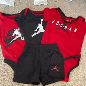 Jordan Red & Black Logo Onesies and shorts